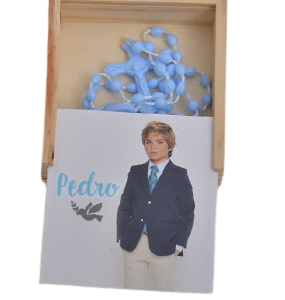 caixa madeira + terço (azul ou rosa)