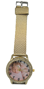 relógio de pulso com foto – dourado com brilhantes